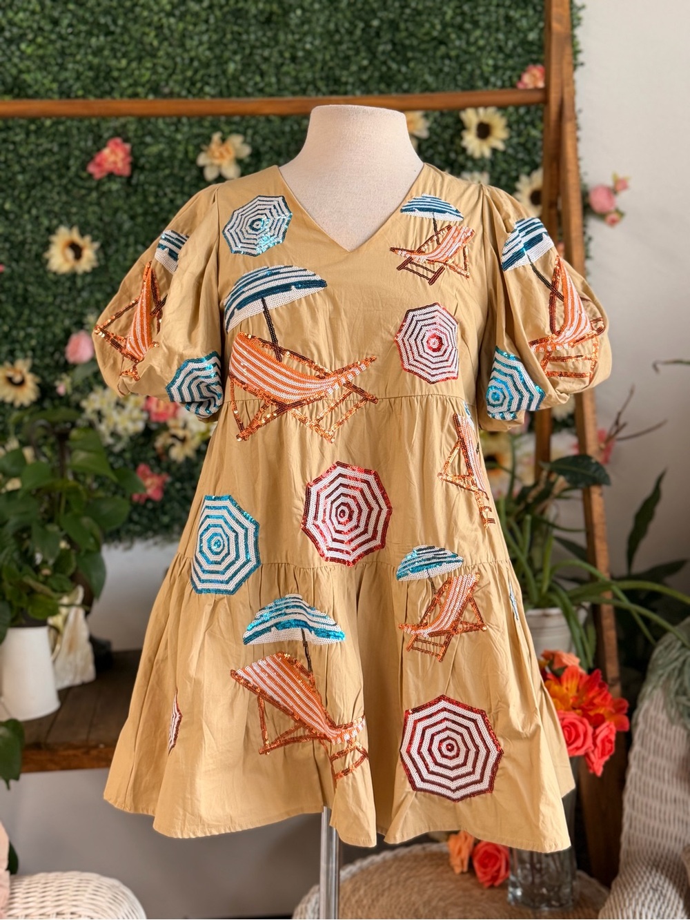 QUEEN OF SPARKLES Tan Mini Dress with Blue, Red & Orange Umbrella Embroidery